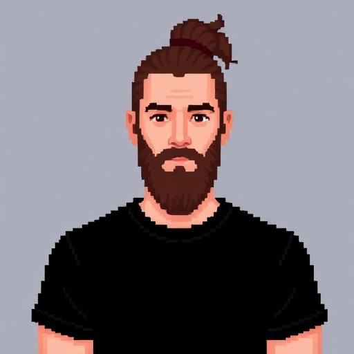 Pixel portrait of Kyle, another man in a black t-shirt