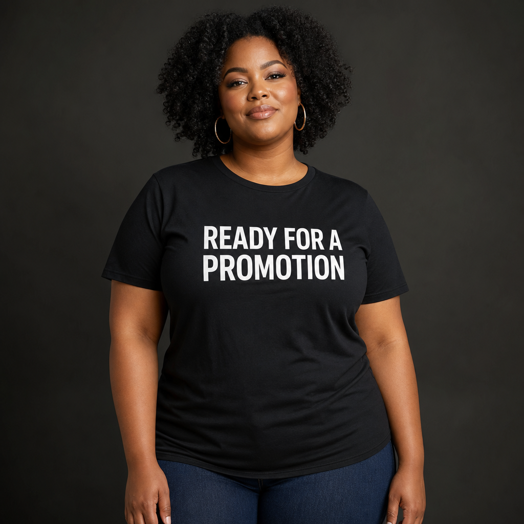 Plus-size Black woman wearing a black t-shirt that reads READY FOR A PROMOTION
