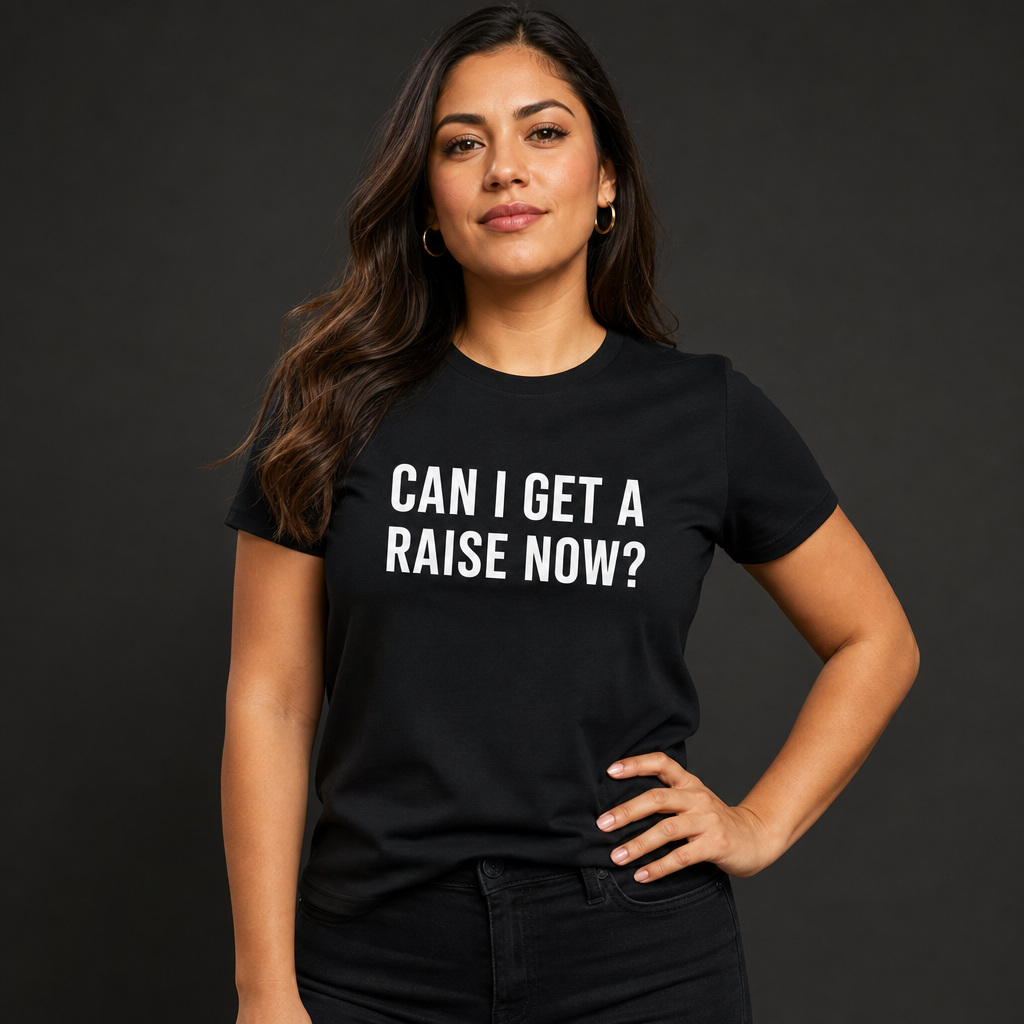 Latina woman wearing a black t-shirt that reads CAN I GET A RAISE NOW?