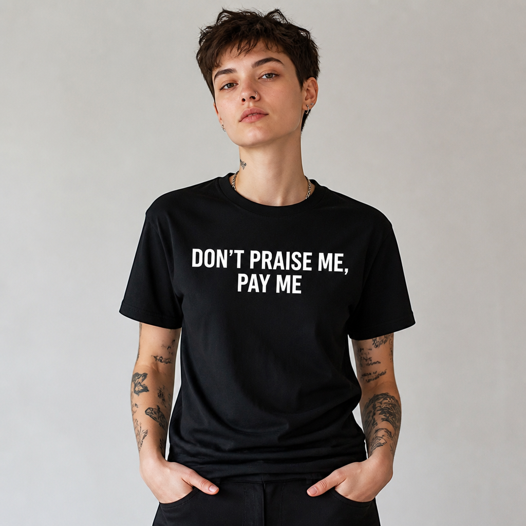 Non-binary person wearing a black t-shirt that reads DON'T PRAISE ME, PAY ME