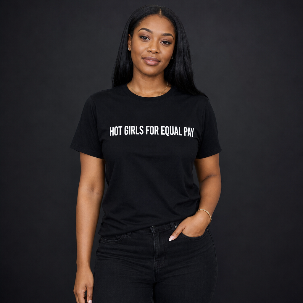 Black woman wearing a black t-shirt that reads HOT GIRLS FOR EQUAL PAY