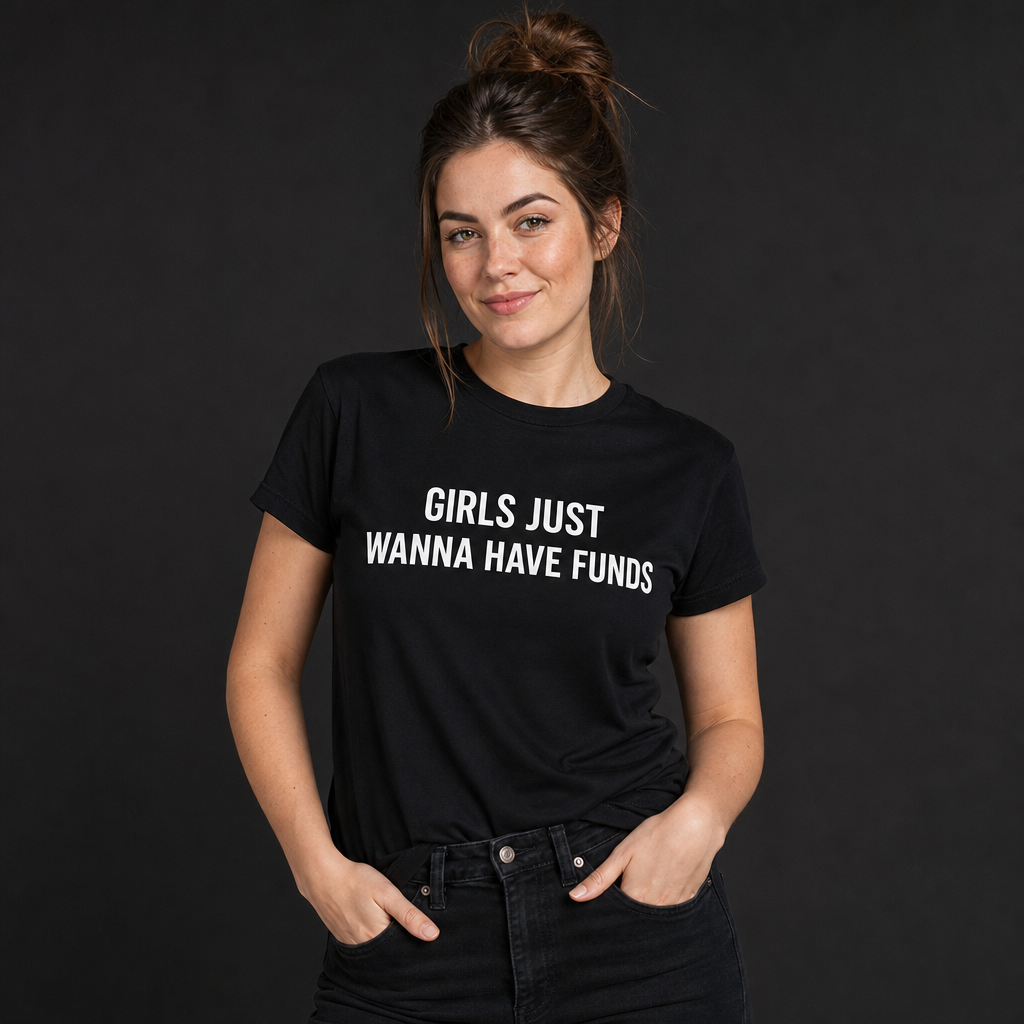 White woman wearing a black t-shirt that reads GIRLS JUST WANNA HAVE FUNDS