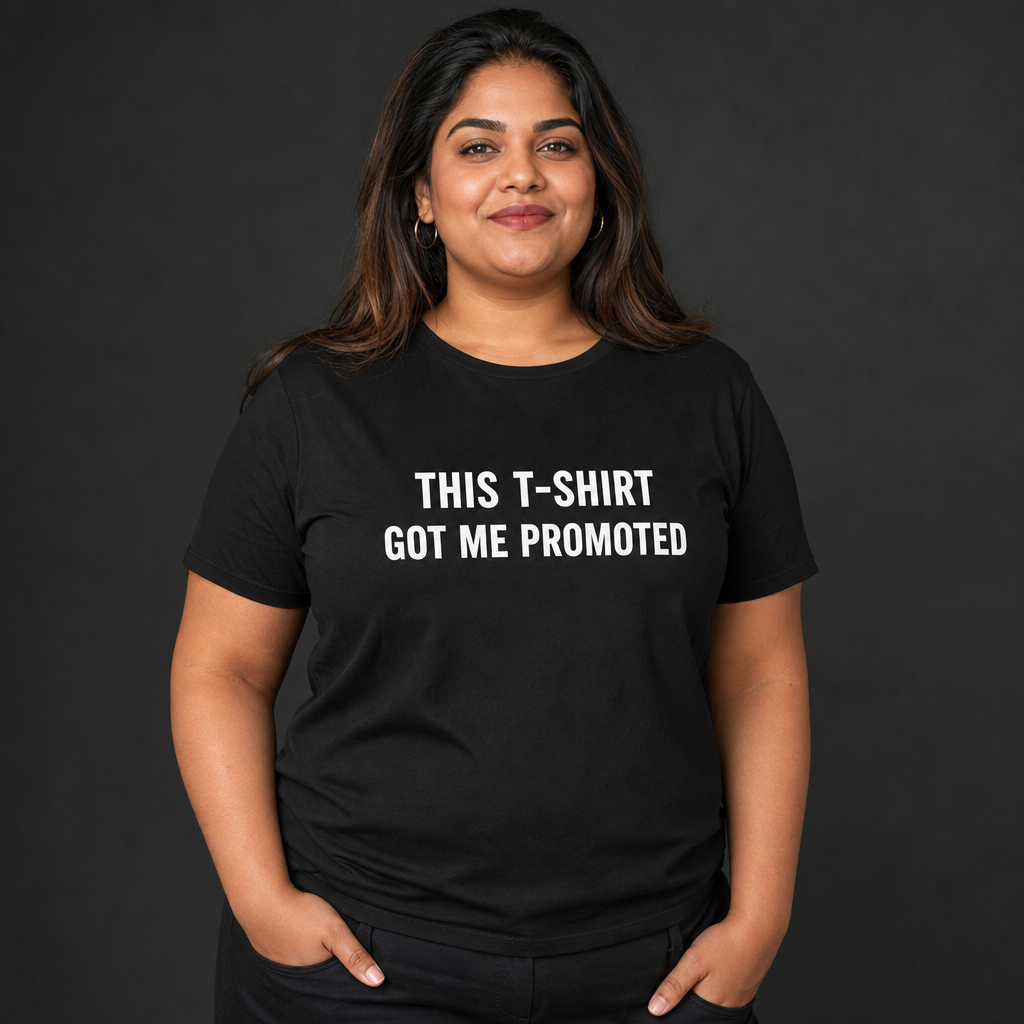 Plus-size South Asian woman wearing a black t-shirt that reads THIS T-SHIRT GOT ME PROMOTED